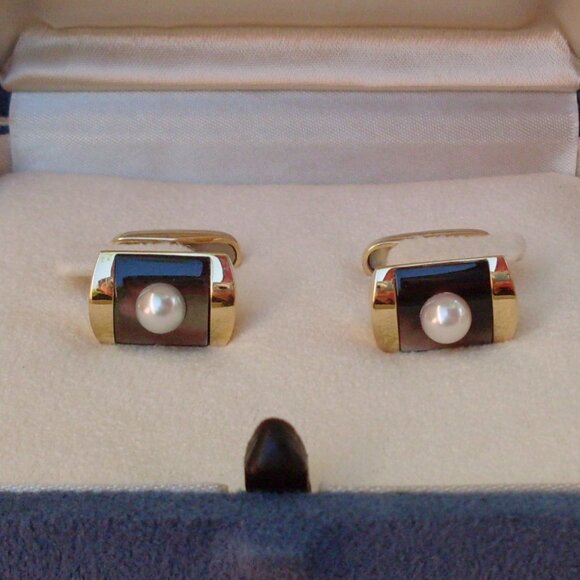 Mikimoto Pearl & MOP Cufflinks - 18K YG - Original Gift Box - Looks New - Picture 4 of 12